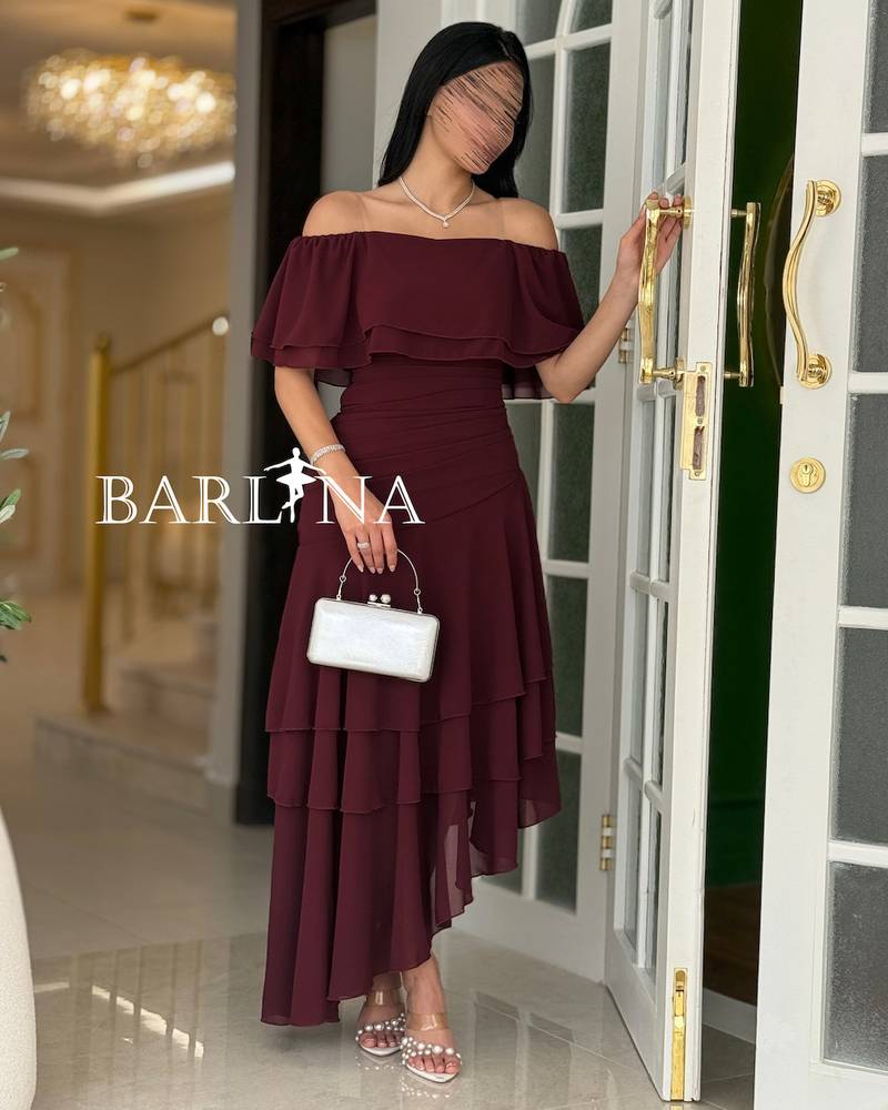 Burgundy off-shoulder dress with tiered layers