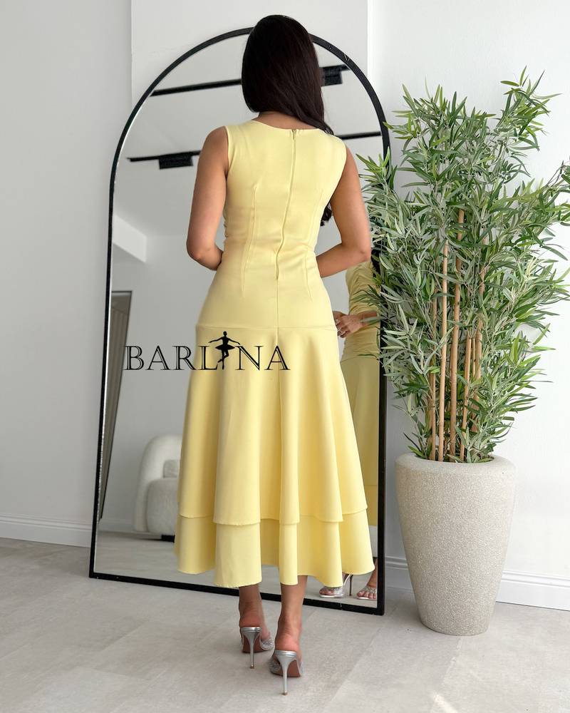 Soft yellow midi dress with two wide layers