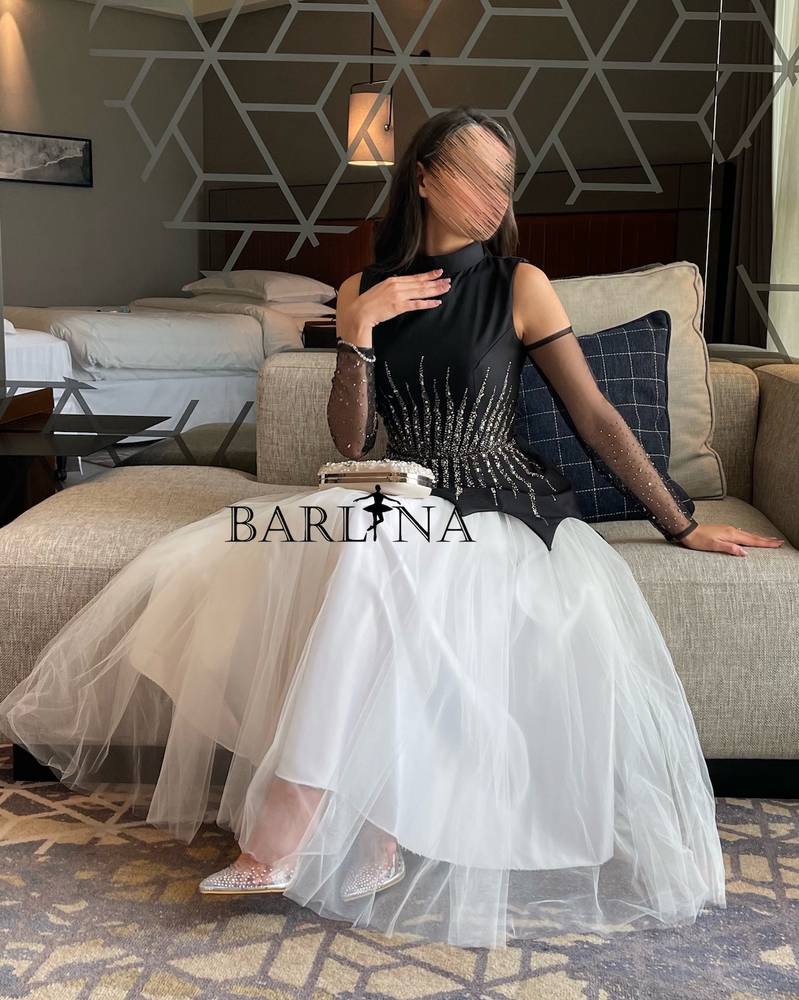 Two-tone dress with sheer sleeves
