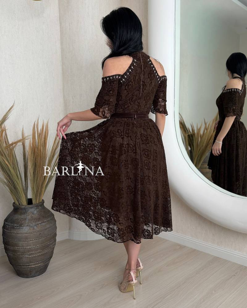 Brown dress with off-the-shoulder design and elegant lace