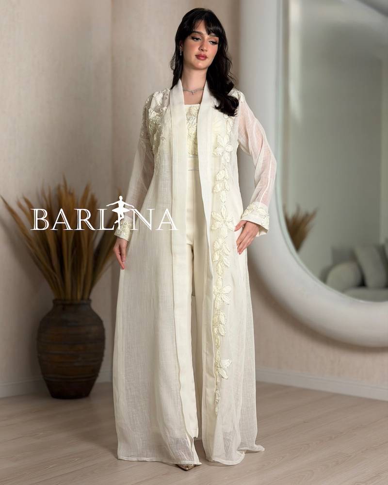 White jumpsuit jalabiya with embroidered sheer skirt
