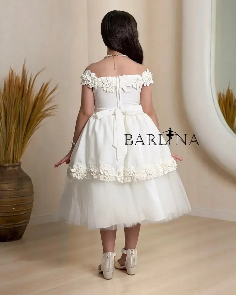Girly off-white off-shoulder evening dress