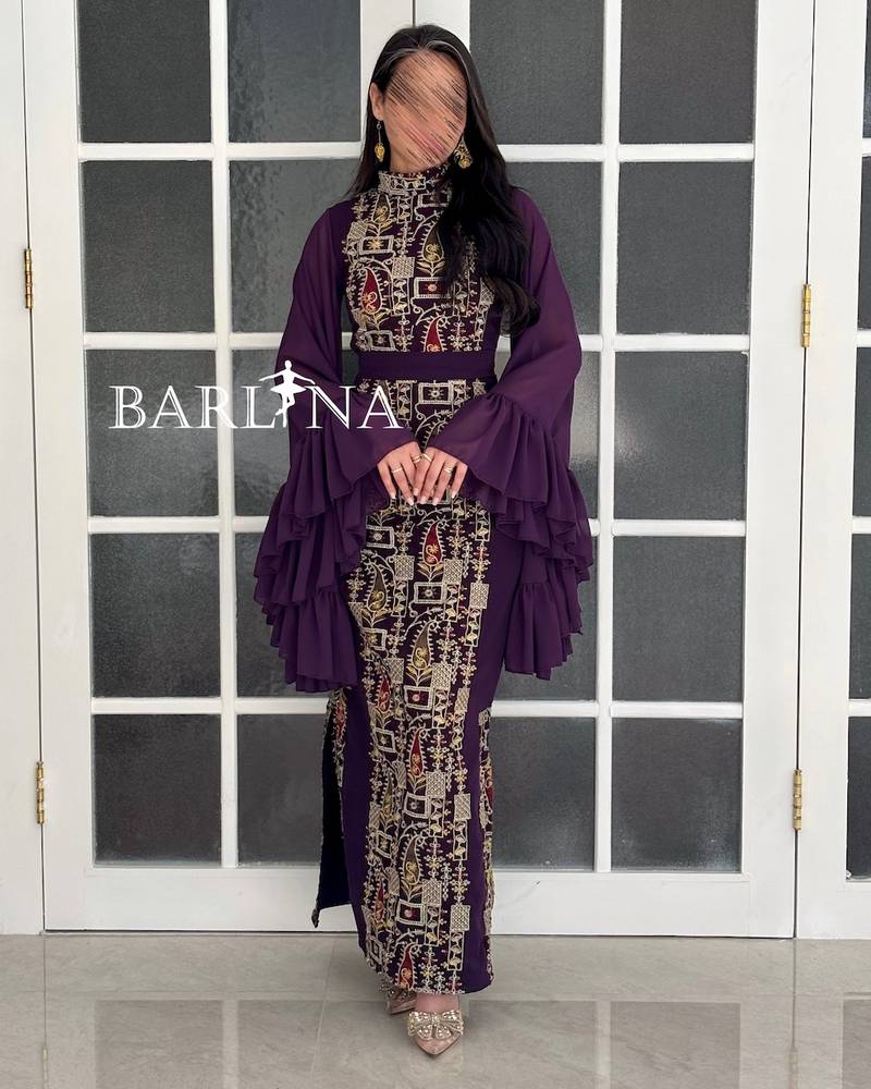 Purple embroidered jalabiya with wavy sleeves
