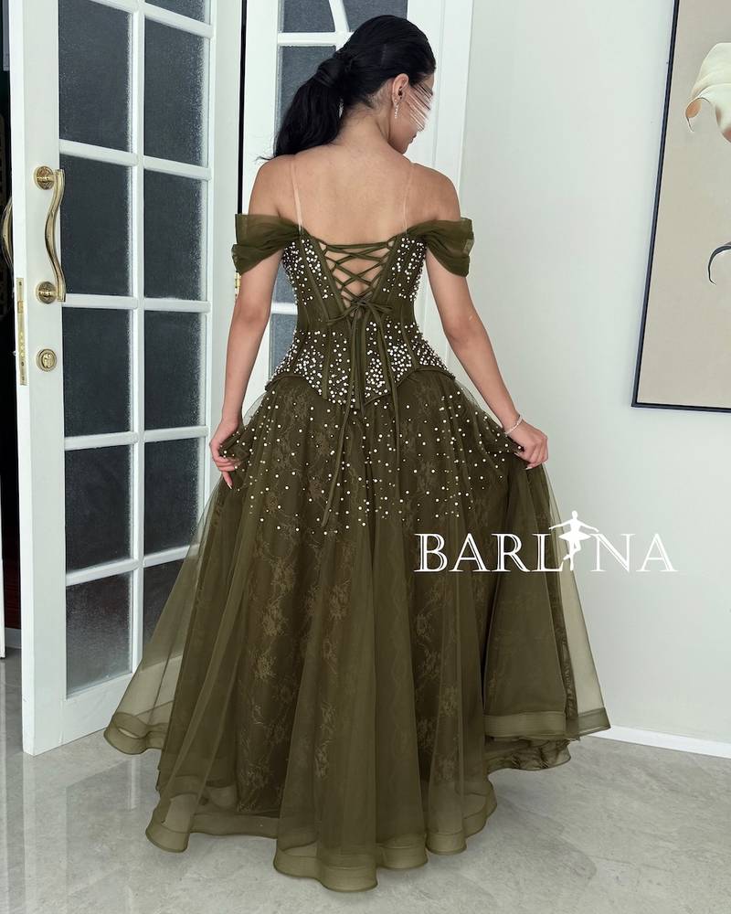 Olive tulle corset dress with dropped shoulders