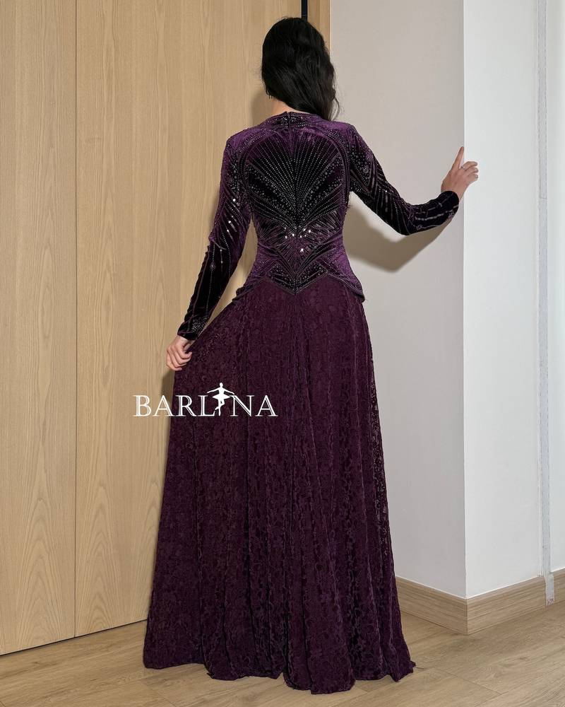 Royal purple lace dress with velvet sleeves