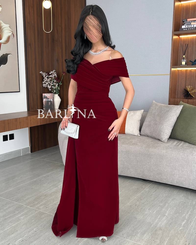 Off Shoulder Burgundy Velvet Dress with Side Tail
