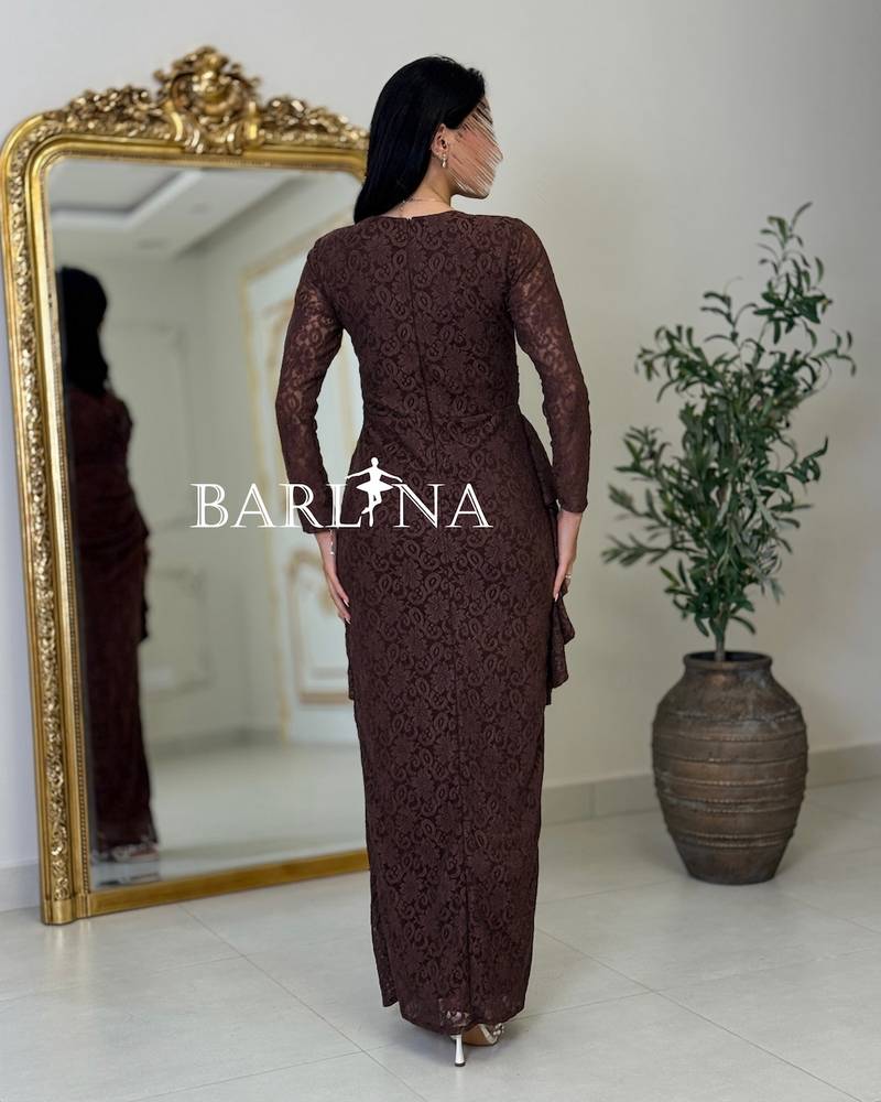 Brown lace draped dress with shoulder embellishment