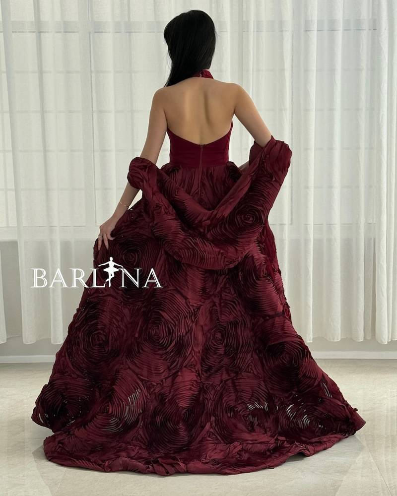 Burgundy puffy halter-style evening dress