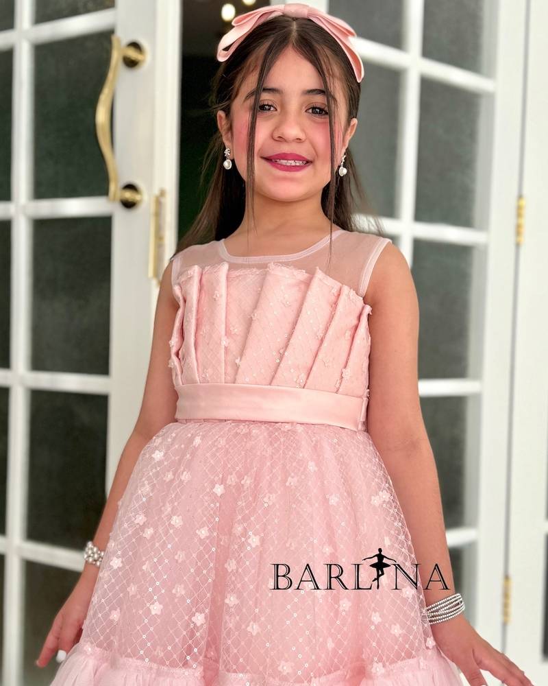 Pink tulle dress for girls with pleats at the chest