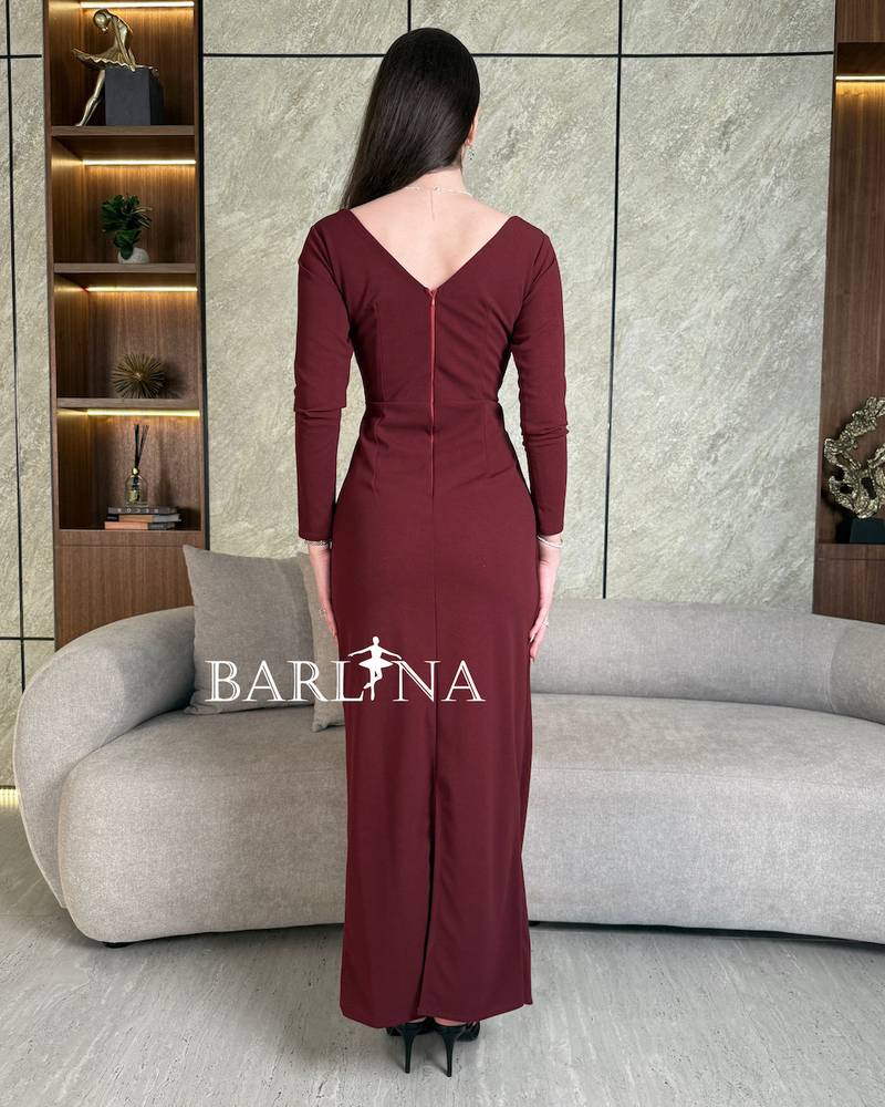 Burgundy long-sleeved wrap dress