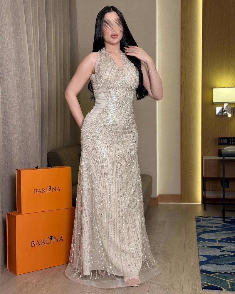 Beige dress fully embroidered with sequins and beads
