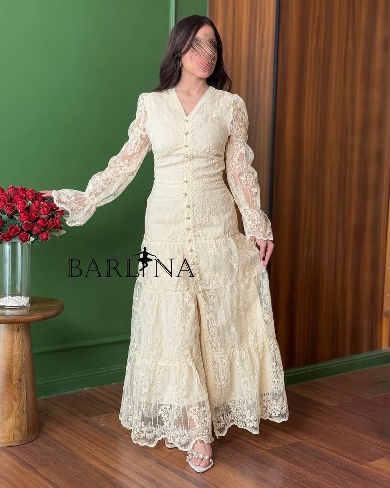 Women's beige lace dress with a V-neck