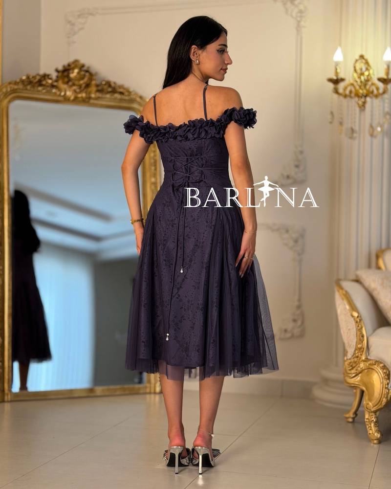 Purple lace tulle dress with a floral collar