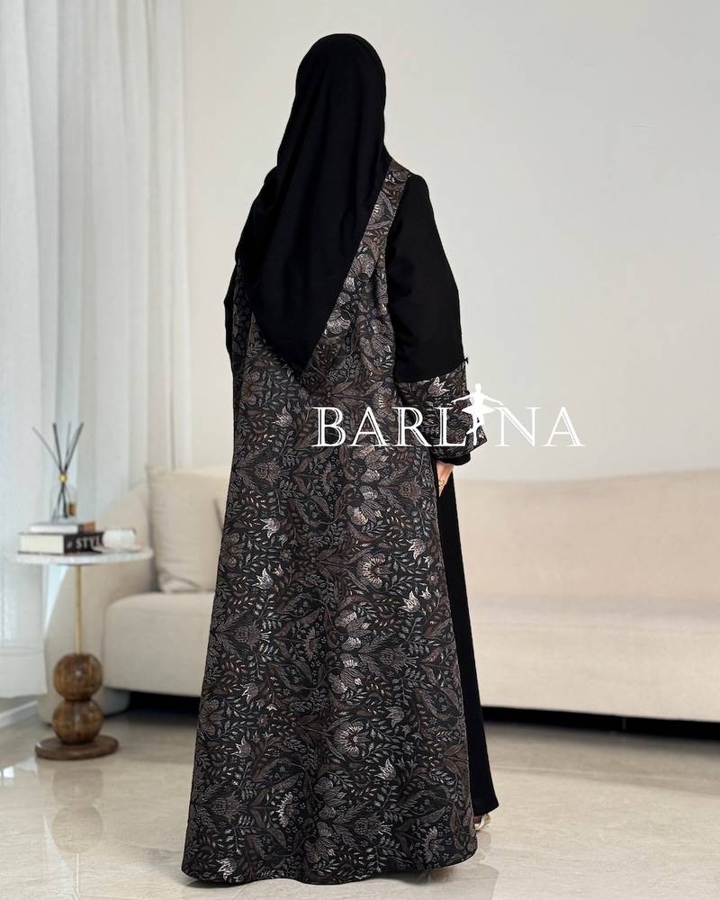 Luxury black abaya with embroidered patterns on the back