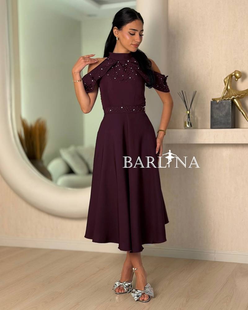 Lilac dress embroidered with pearls and roses