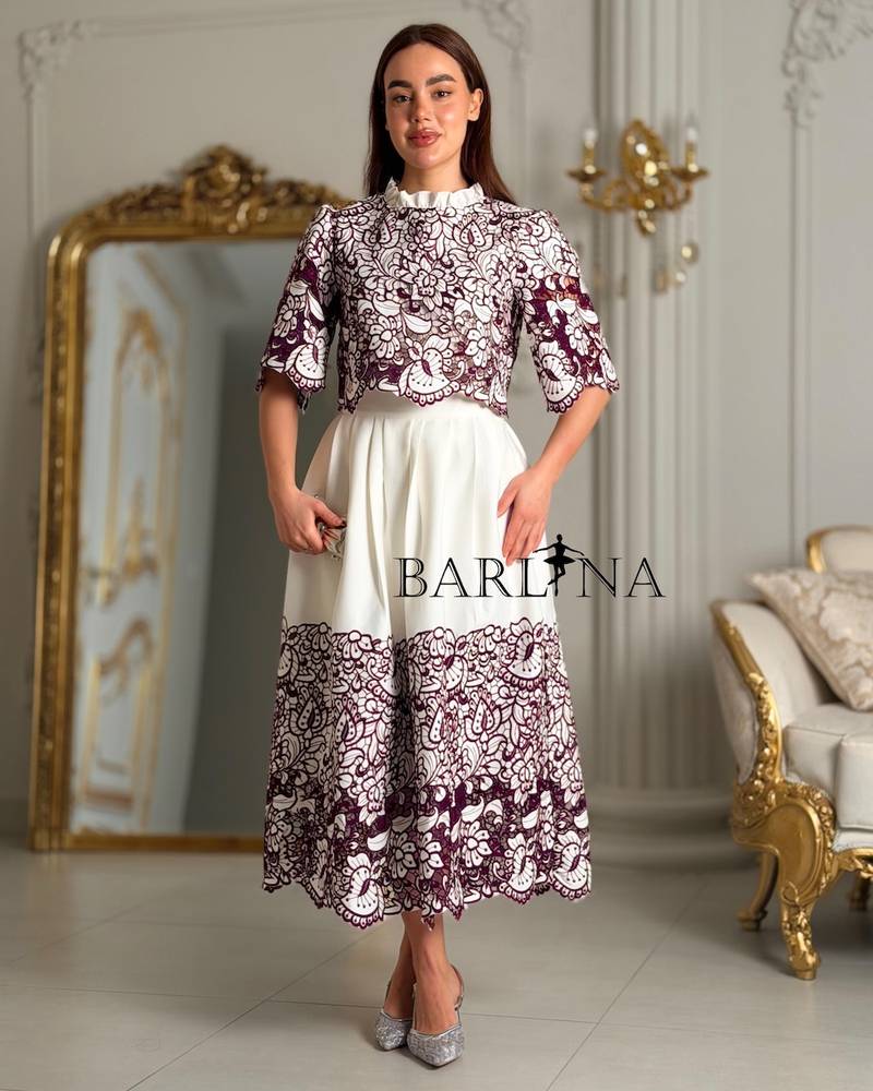 Off-white midi set with burgundy embroidery