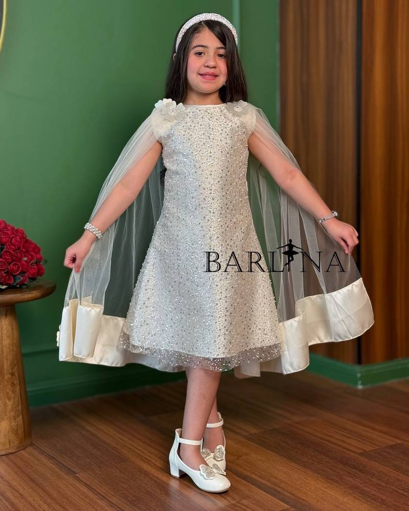 Girls' off-white dress embroidered with sequins and beads