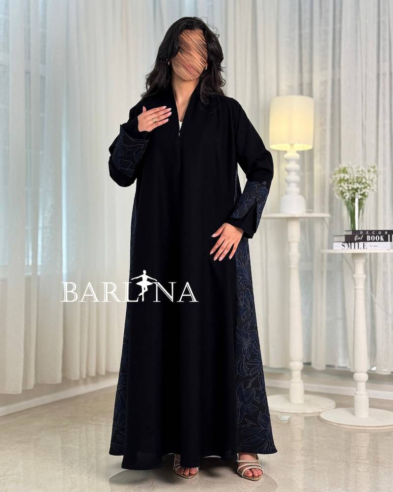 Elegant black abaya with side and back embroidery