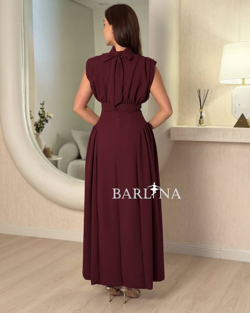 Burgundy fitted dress with a high neck