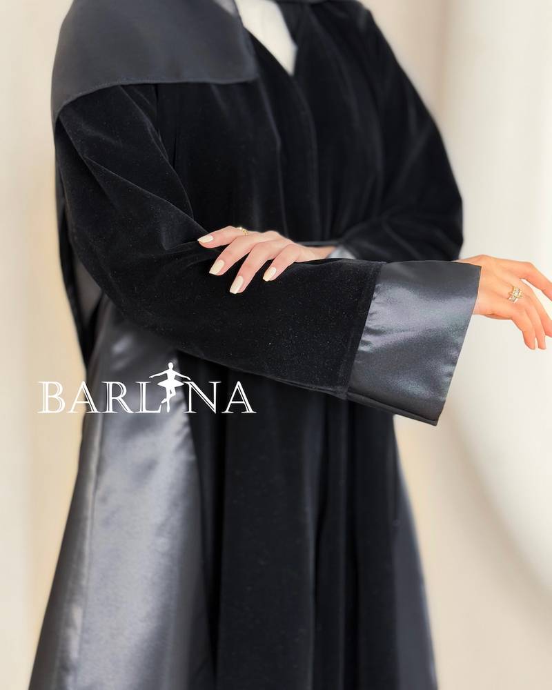 Black velvet abaya with shiny side details