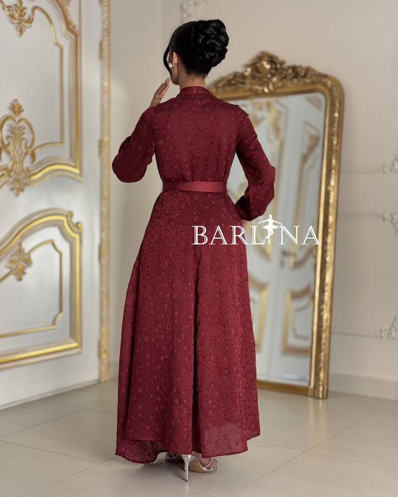 Burgundy wrap dress with side belt and sleeves