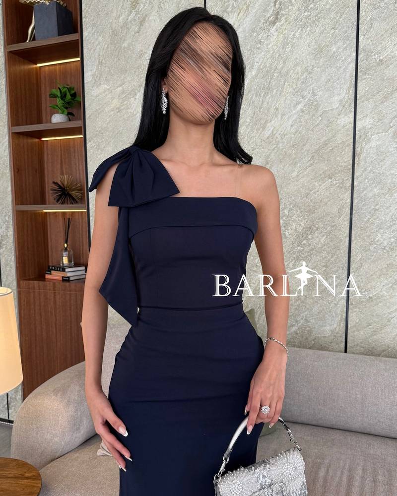 Dark navy one-shoulder dress with knot detail