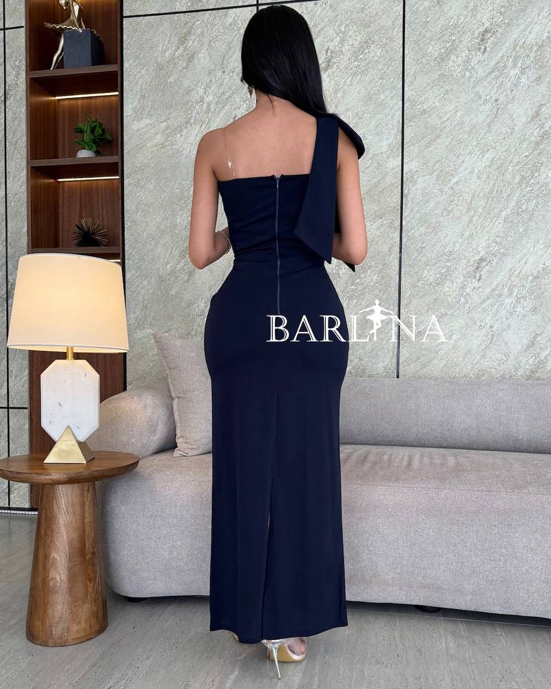 Dark navy one-shoulder dress with knot detail