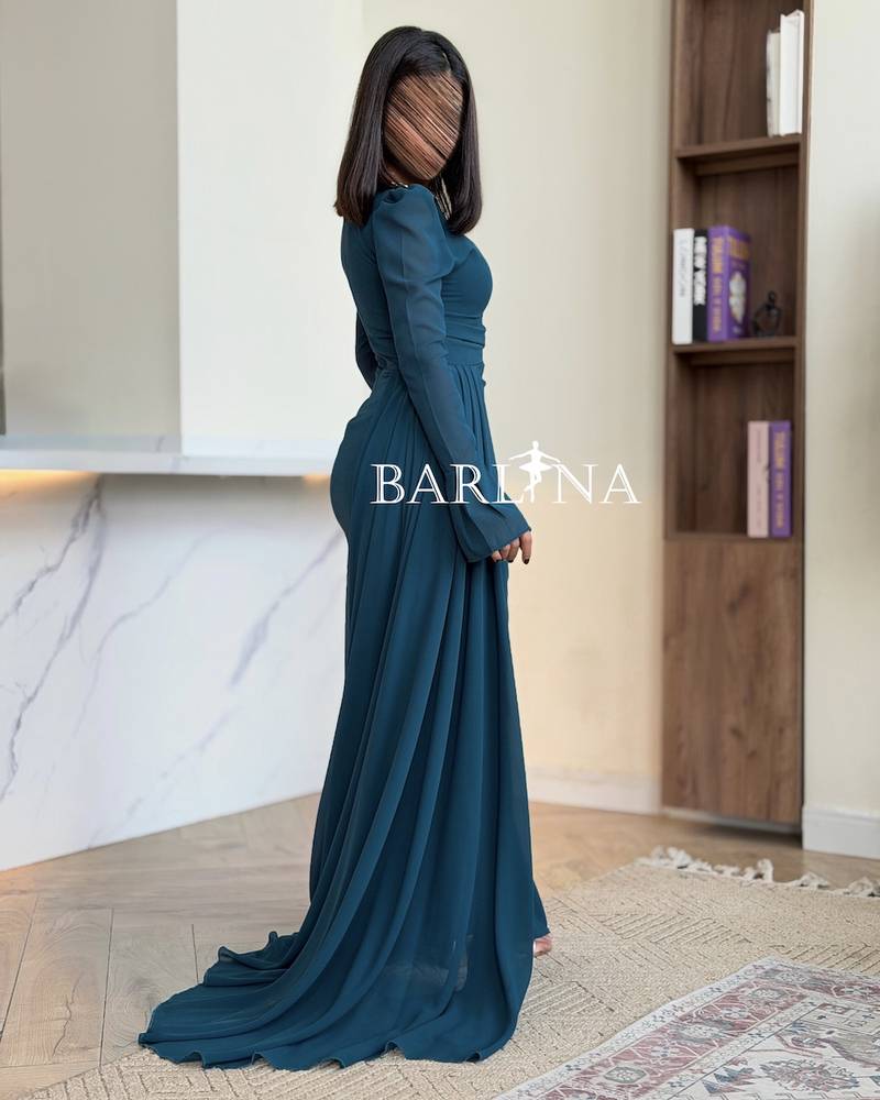 Petrol dress with a light side tail