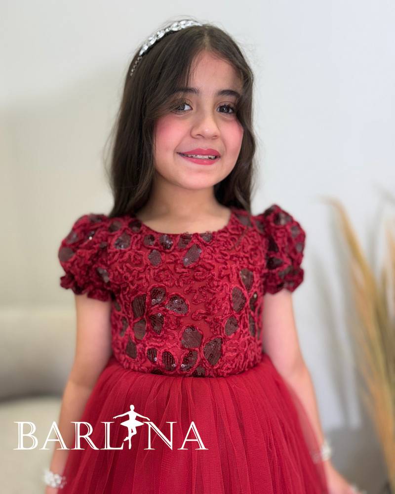 Girls' burgundy tulle dress with an embroidered bodice