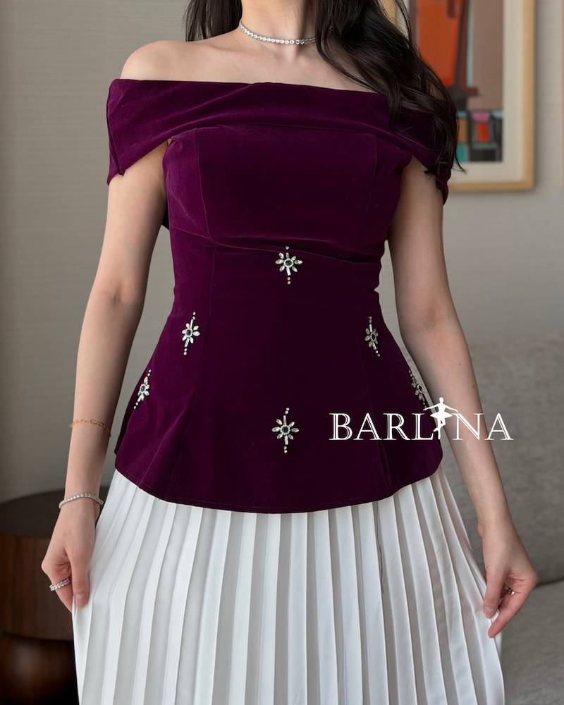 Burgundy velvet dress with soft white pleats