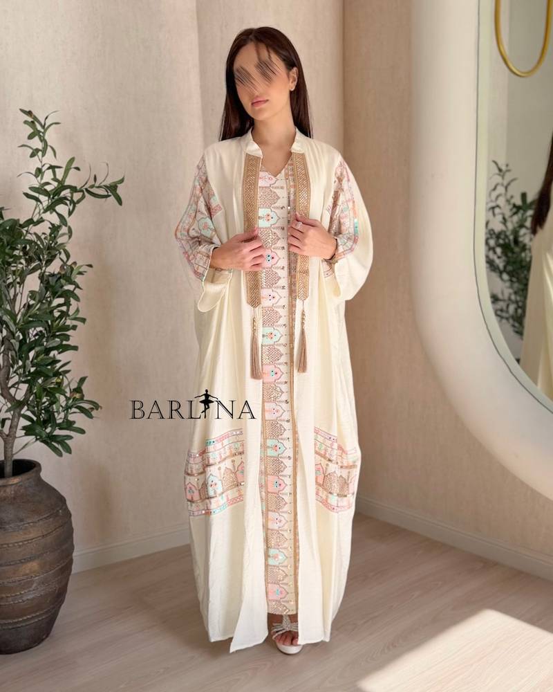 Off-white jalabiya with multicolored embroidery
