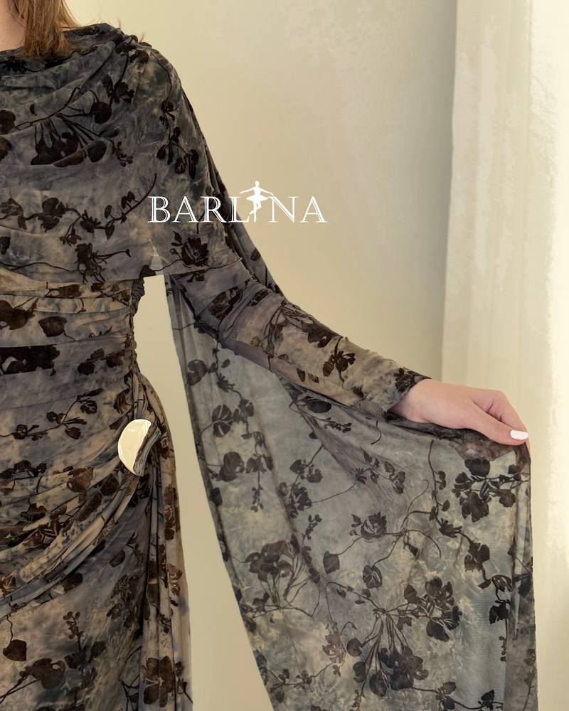 Gray floral dress with a side sash