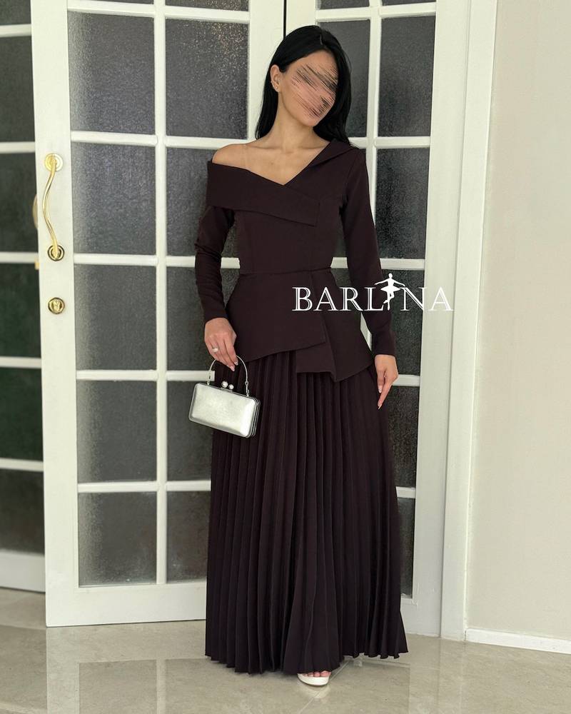Soft brown off-shoulder pleated dress