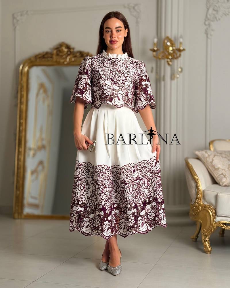 Off-white midi set with burgundy embroidery