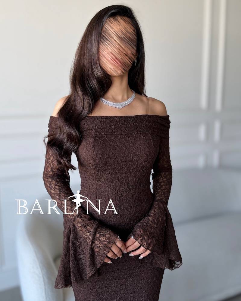 Brown lace dress with wide-sleeved cuffs