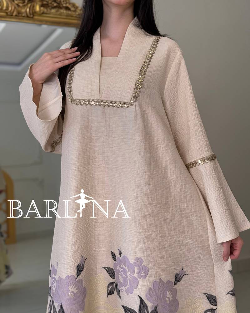 Long beige jalabiya with a delicate floral pattern