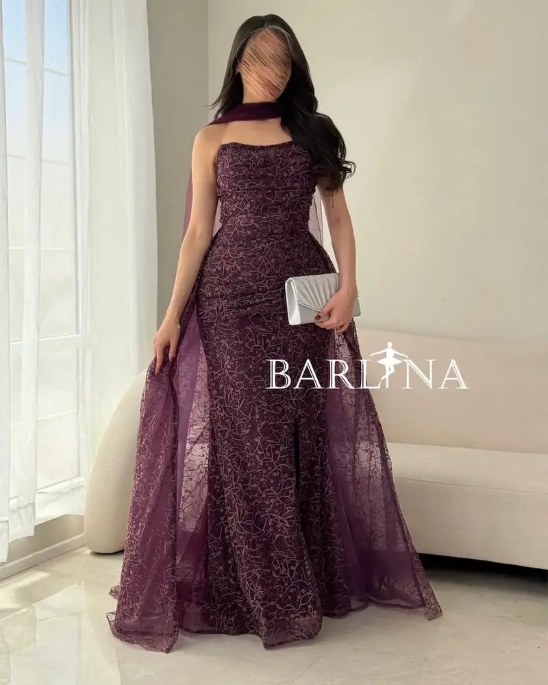 Dark purple evening dress with embroidered tulle