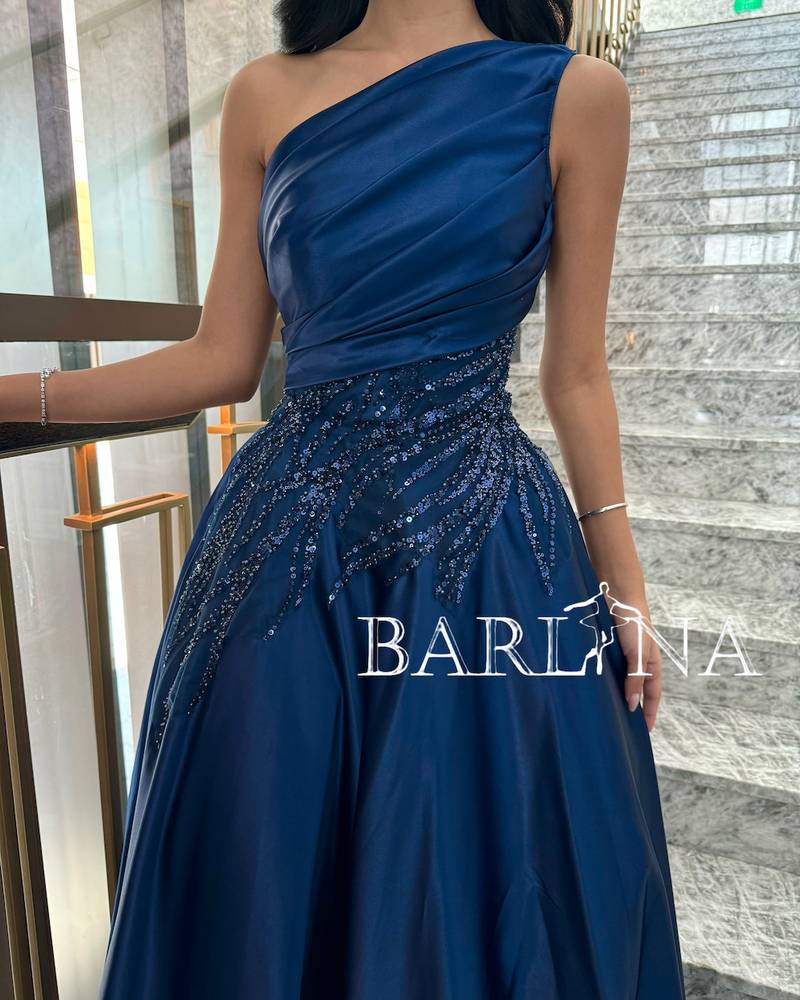 One Shoulder Navy Evening Dress with Elegant Beads