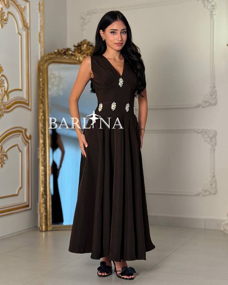 Dark brown dress with embroidered crystals