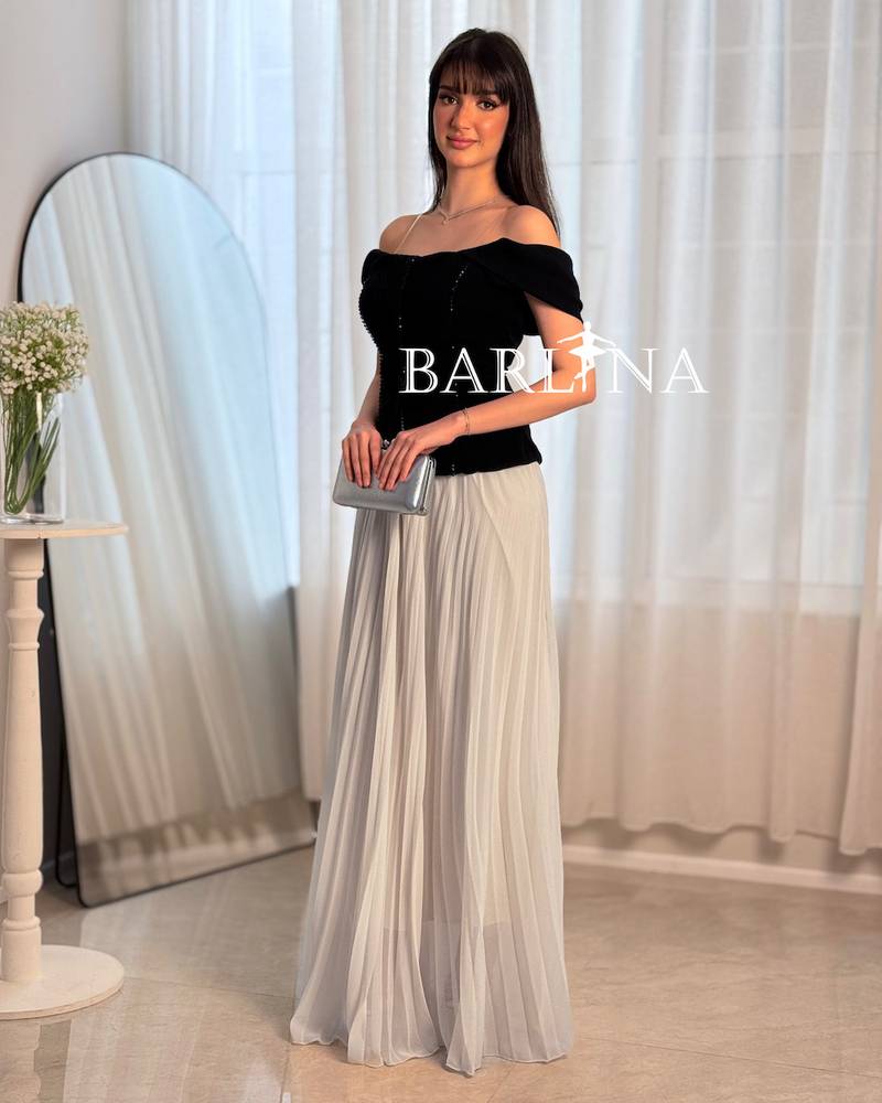 Black and off-white off-shoulder dress