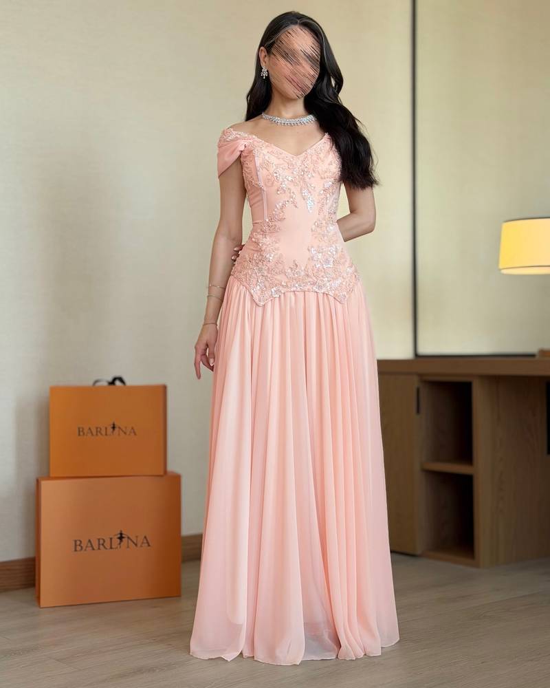flowing pink georgette evening dress