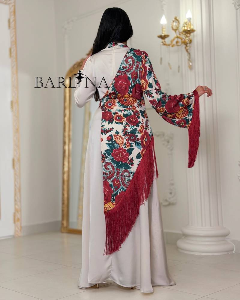 Long cream-colored jalabiya with a floral side scarf