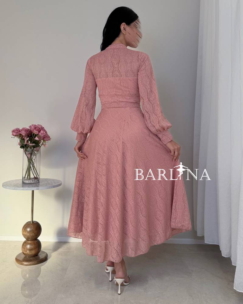 Soft pink lace dress with pearl buttons