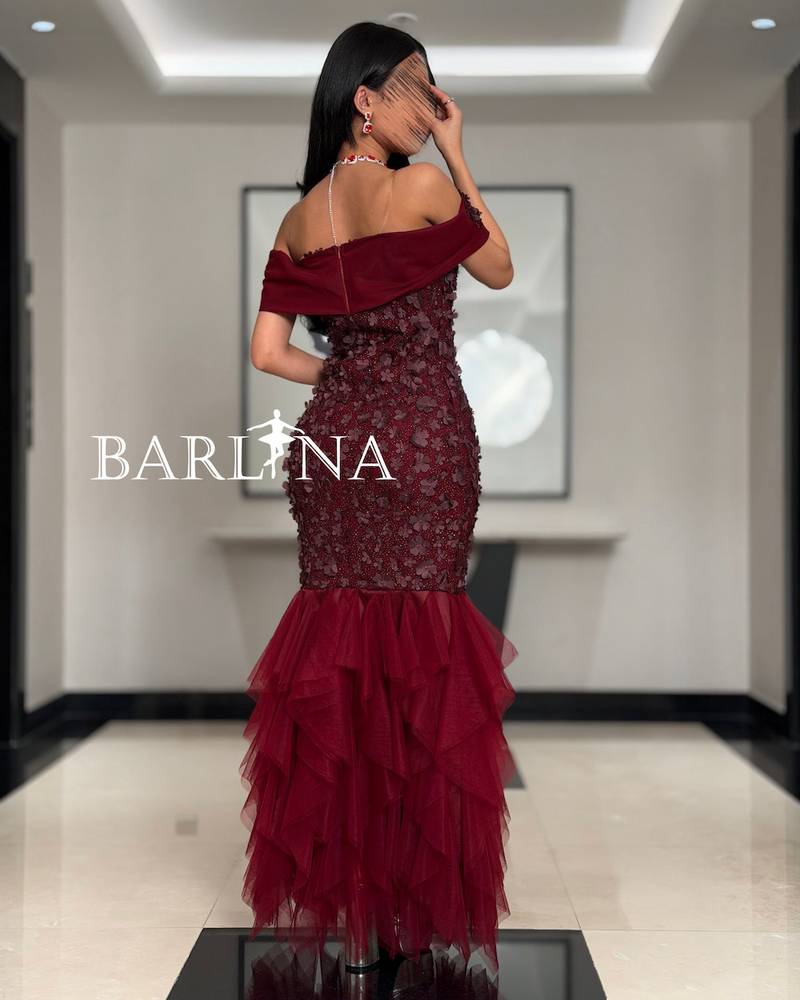 Burgundy off-shoulder dress adorned with delicate roses