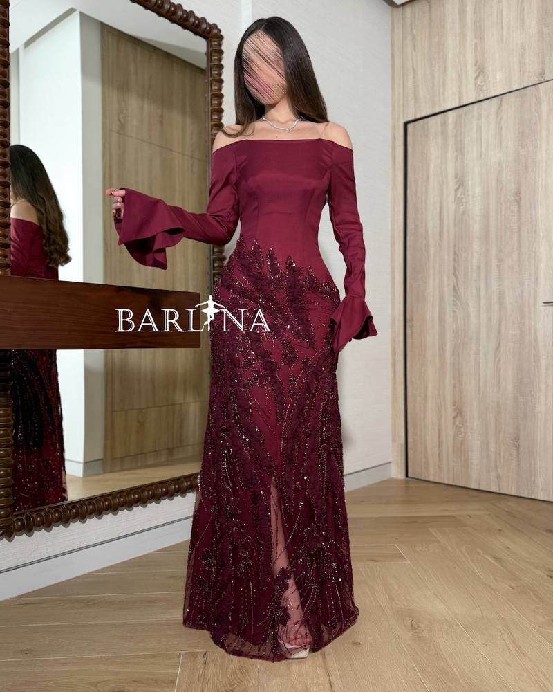 Burgundy off-shoulder dress with luxurious embroidery