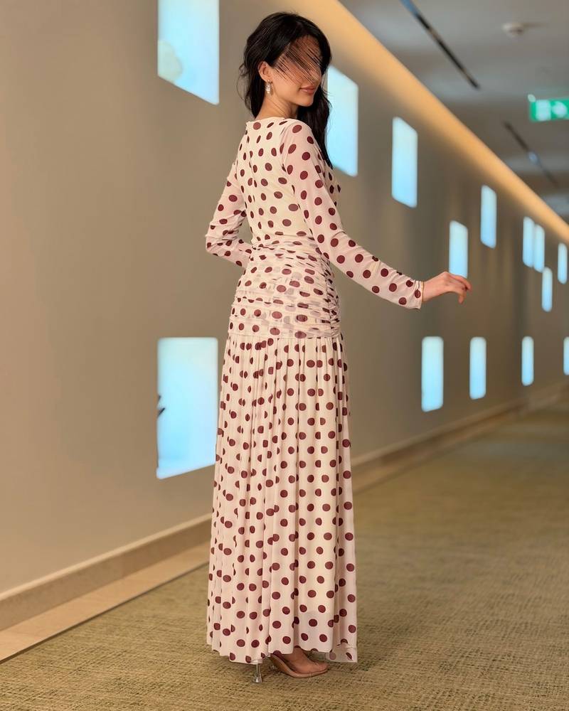 Long polka dot dress with sheer sleeves