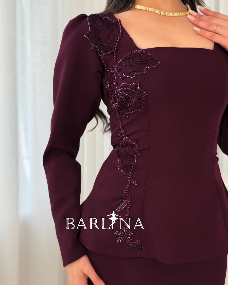 Long burgundy dress with luxurious side embroidery