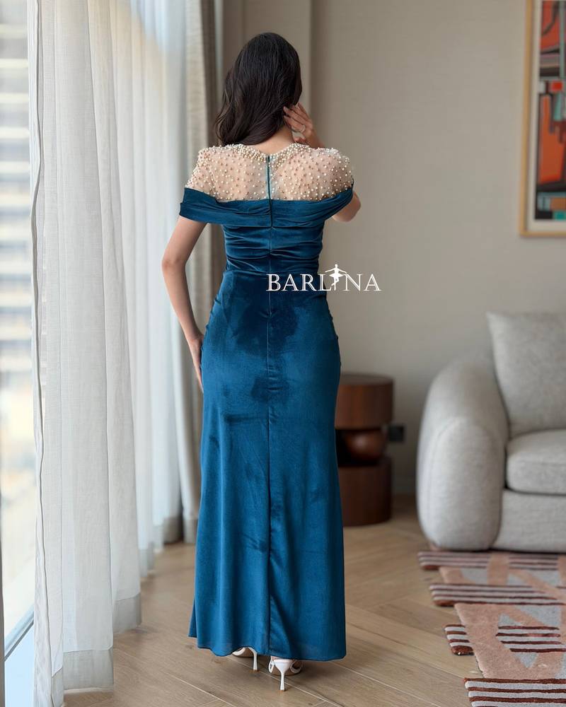 Blue velvet dress with pearl details