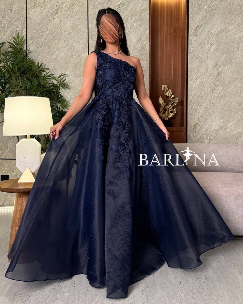 Navy blue dress with a fluffy cut and elegant rose embroidery