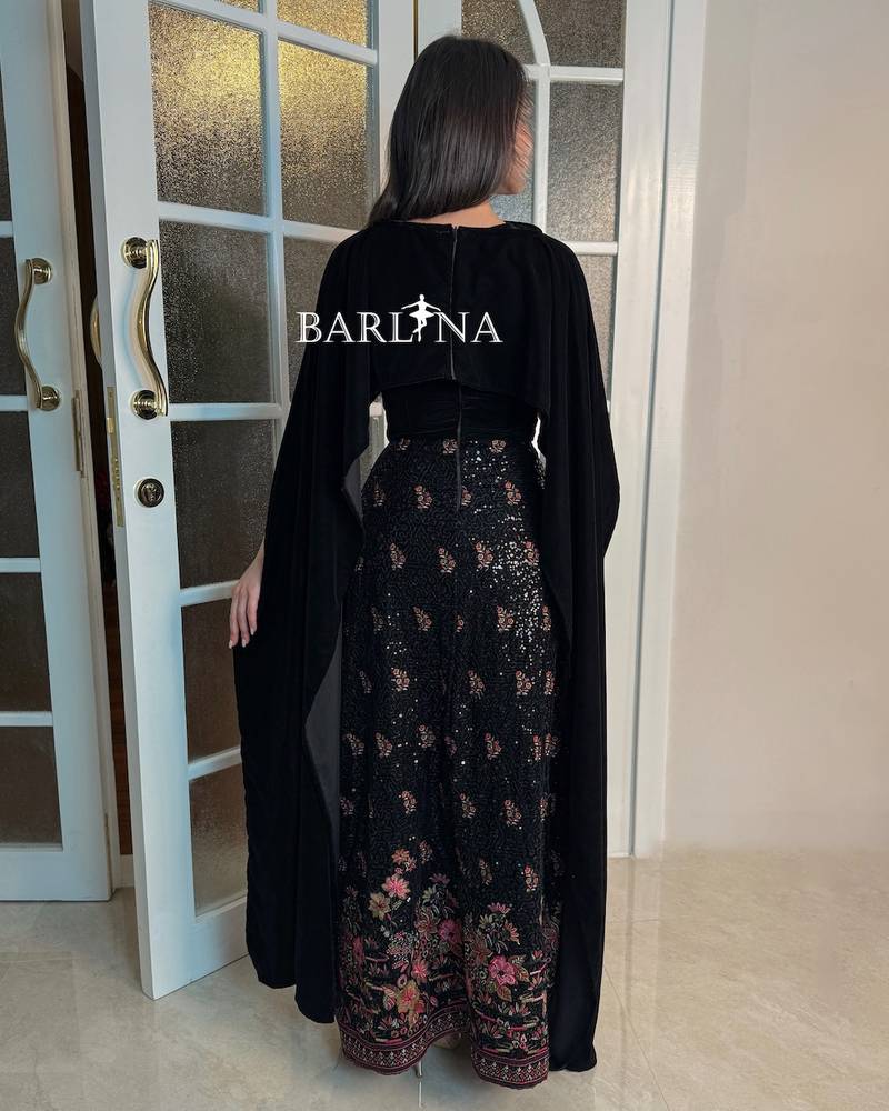Luxurious black jalabiya with a velvet scarf